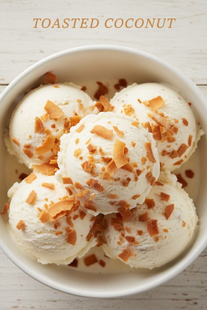 A vibrant, close-up photograph of perfectly golden-brown toasted coconut flakes scattered over a vanilla ice cream sundae, with the text overlay "TOASTED COCONUT"