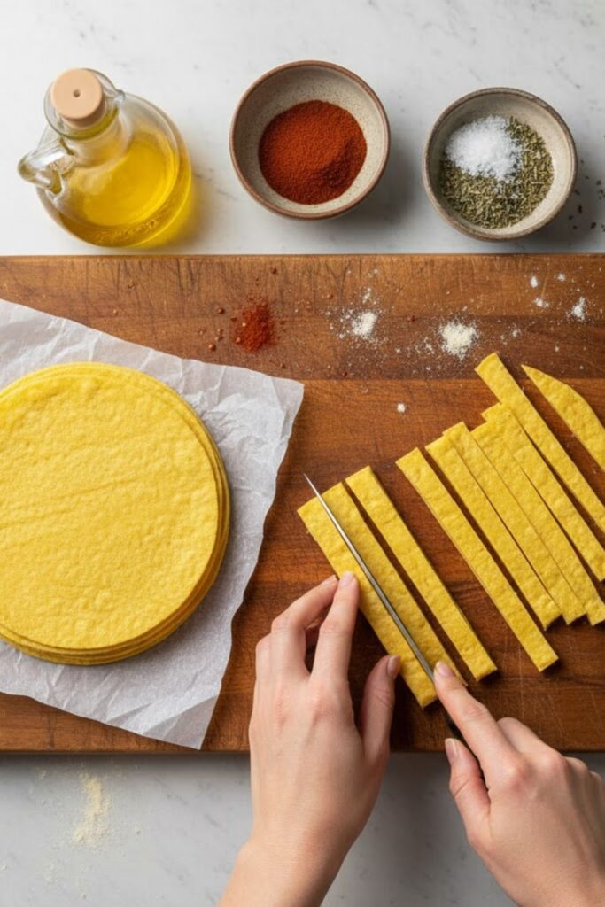 A flat-lay collage featuring a stack of corn tortillas, a bottle of oil, chili powder, and a knife slicing the tortillas into strips on a cutting board.