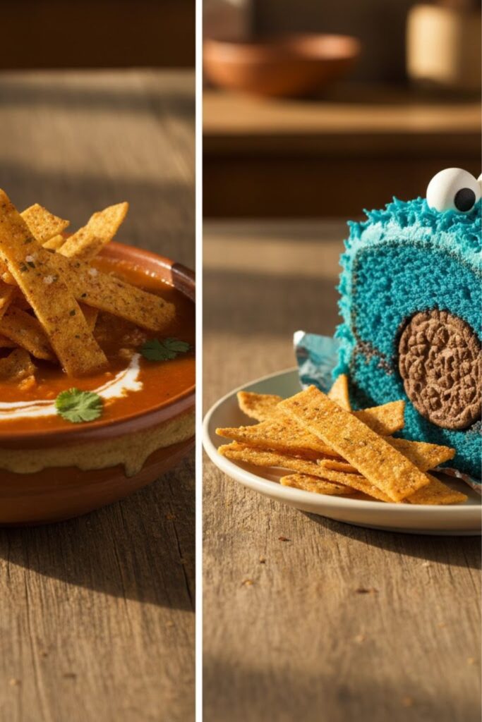 A side-by-side image: On the left, a bowl of tortilla soup topped generously with the seasoned Tortilla strips and fresh cilantro. On the right, a close-up of a few strips placed next to a slice of vibrant blue cookie monster cake.
