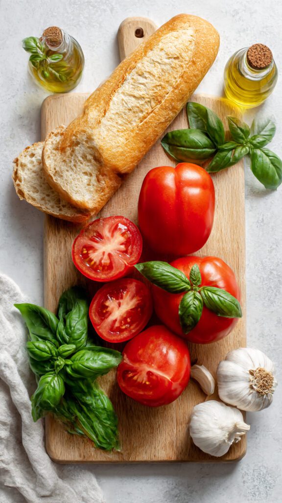 A high-quality collage image showing all the simple ingredients: a baguette, ripe red tomatoes, fresh basil leaves, olive oil, and a head of garlic, artistically arranged on a wooden board.