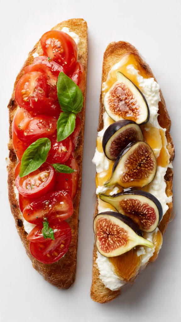 A side-by-side photograph showing two different bruschetta toppings: one classic tomato-basil topping and one elegant sweet fig and goat cheese topping, highlighting the savory/sweet versatility.