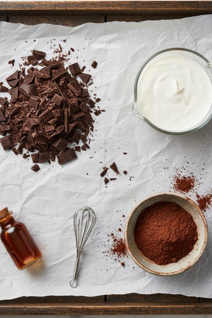 A flat-lay collage featuring finely chopped dark chocolate, a measuring cup of heavy cream, a vial of vanilla extract, and a bowl of cocoa powder, all arranged on a parchment-lined tray.