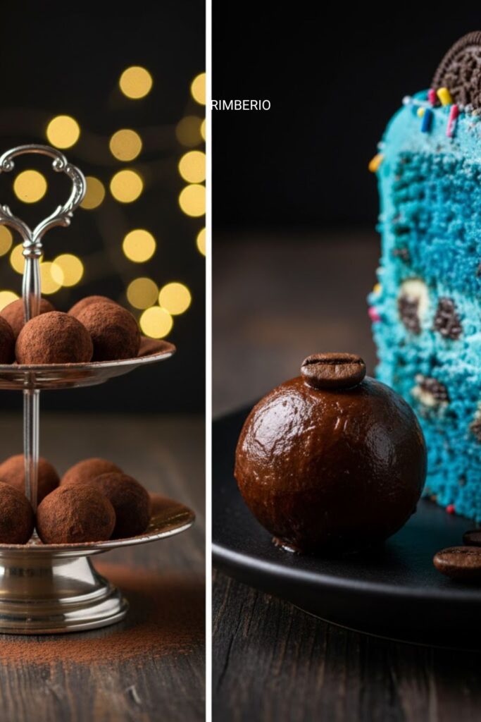 A side-by-side image: On the left, several classic cocoa-dusted truffles on a tiered stand. On the right, a close-up of a Boozy Espresso Truffle served next to a piece of vibrant blue cookie monster cake.