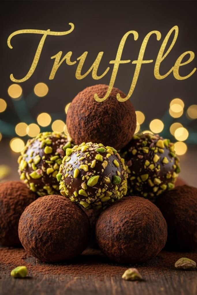 A close-up shot of several dark chocolate truffles, some coated in cocoa powder and some coated in chopped nuts, neatly arranged on a white serving plate. The text overlay reads: