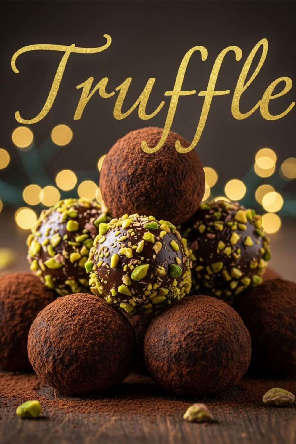 A close-up shot of several dark chocolate truffles, some coated in cocoa powder and some coated in chopped nuts, neatly arranged on a white serving plate. The text overlay reads: