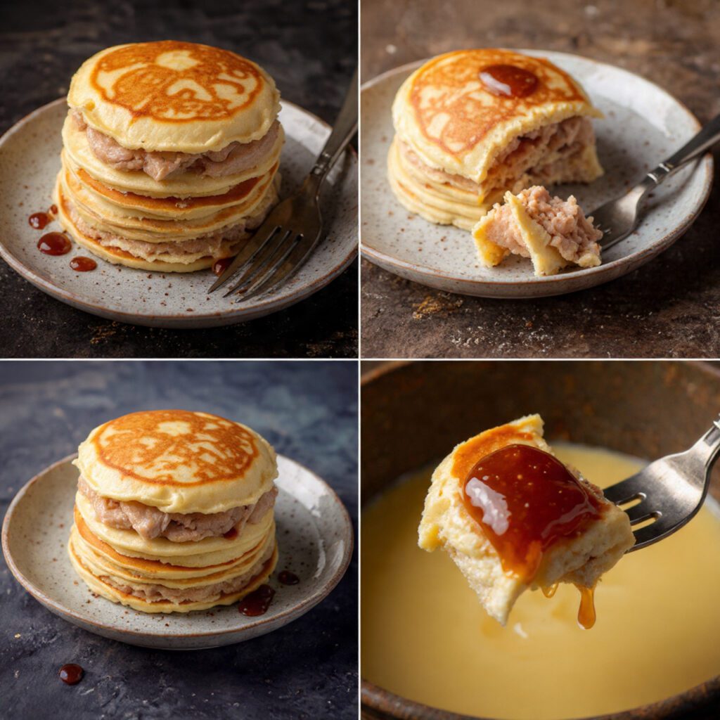 Two servings of Pulled Pork Pancake. One is a wide shot of the full stack on a plate with a fork, and the other is an extreme close-up of a forkful showing the fluffy pancake texture, saucy pork, and a drop of maple syrup.