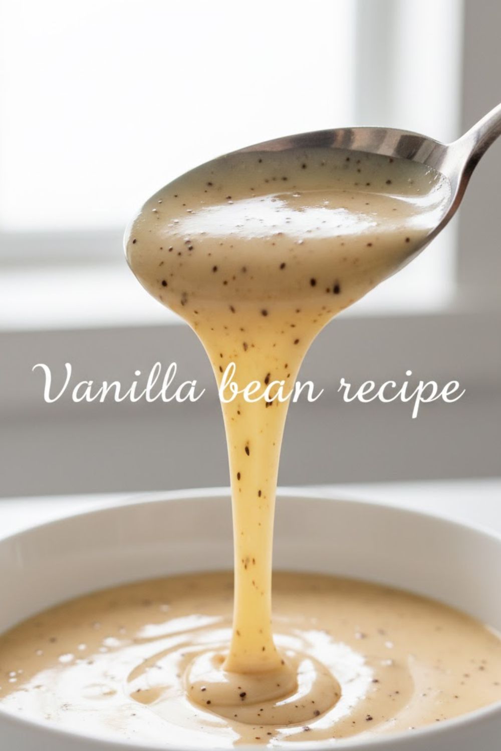 Creamy, pale yellow custard drizzled from a silver spoon, showing tiny black vanilla bean flecks. Text overlay in elegant script reads: Vanilla bean recipe.