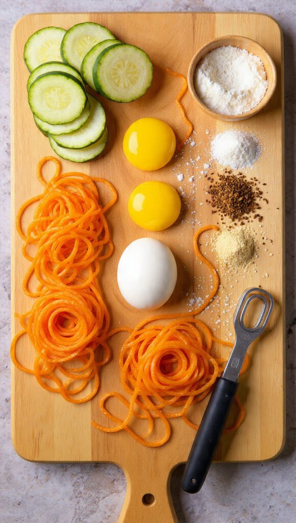 A high-quality collage image showing all the simple ingredients: spiralized zucchini, sliced carrot, an egg, almond flour, and dried herbs, arranged with a spiralizer tool.