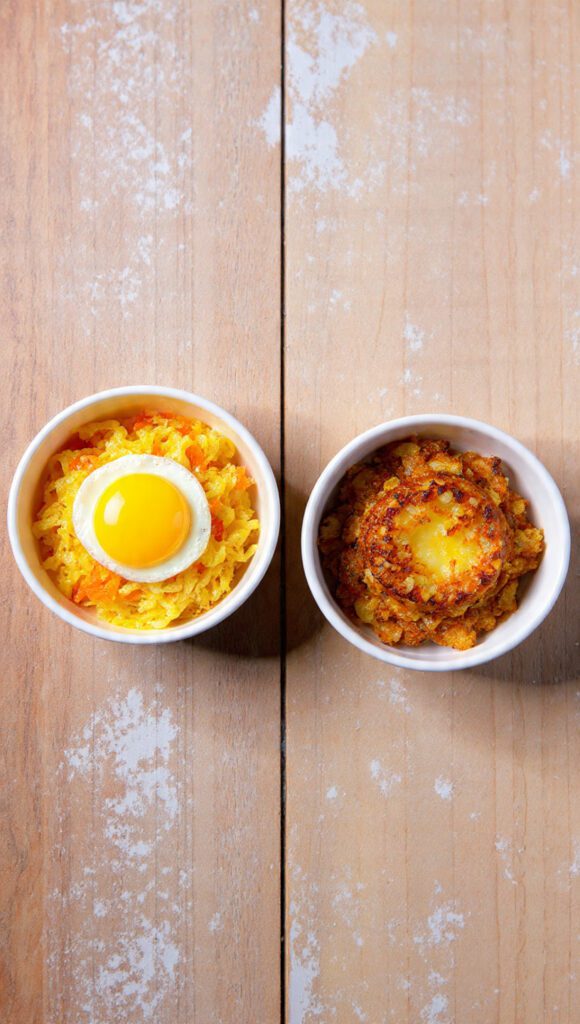 A side-by-side photograph showing two different veggie nest presentations: one classic nest with a baked egg, and one darker, savory nest using shredded potato (hash brown style), highlighting the customization.
