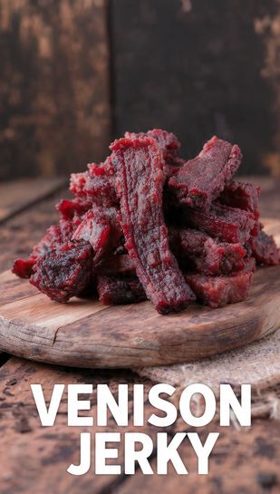 A pile of smoky, dark, perfectly dried strips of venison jerky stacked on a rustic wooden board next to a hunting knife. Text overlay reads: VENISON JERKY