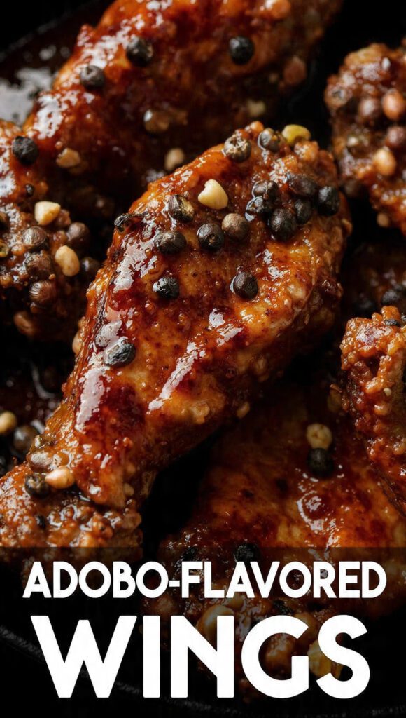 Close-up of glossy, dark Adobo-Flavored Wings coated in sticky glaze, garnished with black peppercorns. Text overlay reads "ADOBO-FLAVORED WINGS".