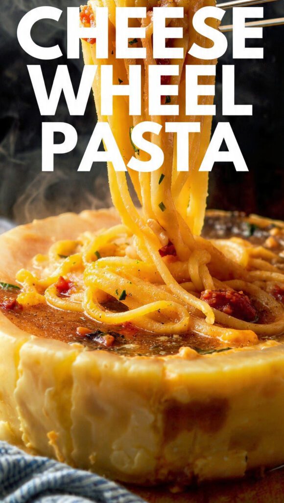 Close-up of hot pasta being swirled inside a giant Parmesan cheese wheel. Text overlay reads "CHEESE WHEEL PASTA".