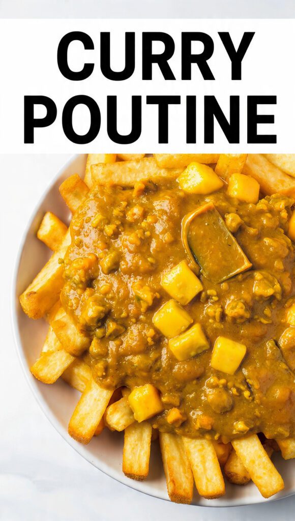 Overhead shot of a bowl of Curry Poutine with a thick sauce and cheese curds. Text overlay reads "CURRY POUTINE" in a bold, savory font.