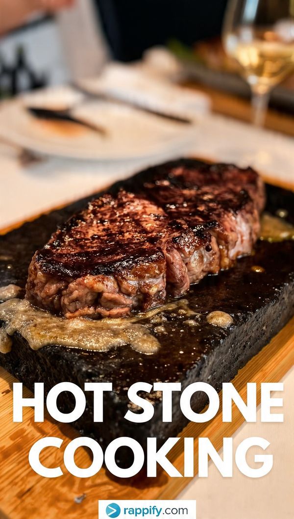 Close-up of steak and shrimp sizzling dramatically on a hot cooking stone set at a dining table. Text overlay reads "HOT STONE COOKING".