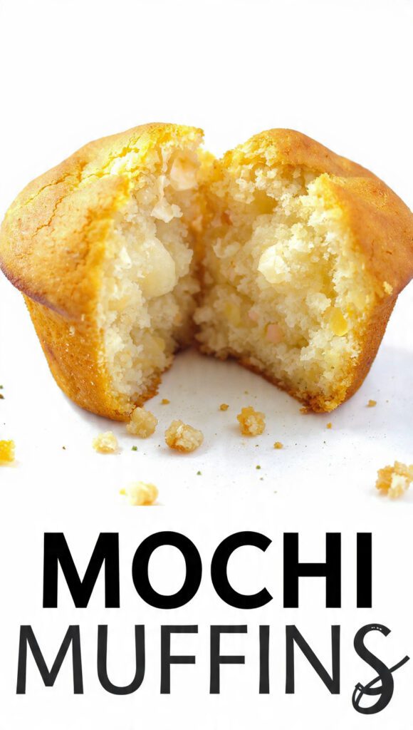 Close-up of a golden-brown Mochi Muffin, split open to reveal its chewy texture. Text overlay reads "MOCHI MUFFINS".