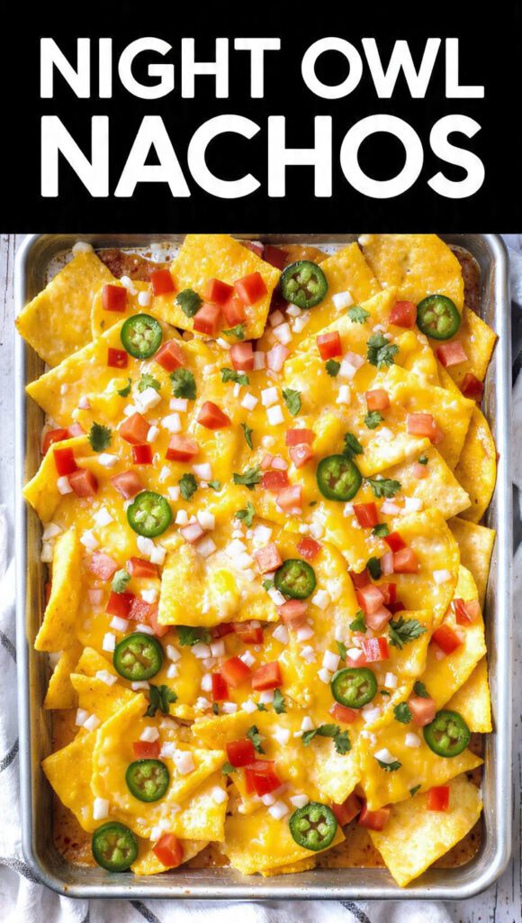 Overhead shot of a sheet pan full of melted, loaded Night Owl Nachos. Text overlay reads "NIGHT OWL NACHOS" in a glowing, dark-themed font.