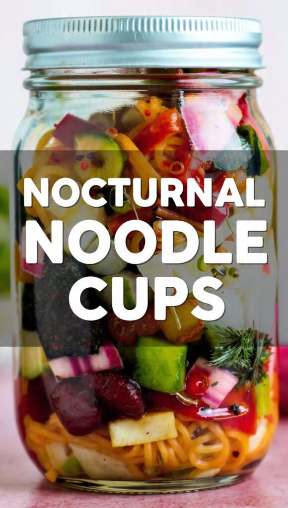 Close-up of a layered mason jar filled with colorful ingredients for Nocturnal Noodle Cups. Text overlay reads "NOCTURNAL NOODLE CUPS".