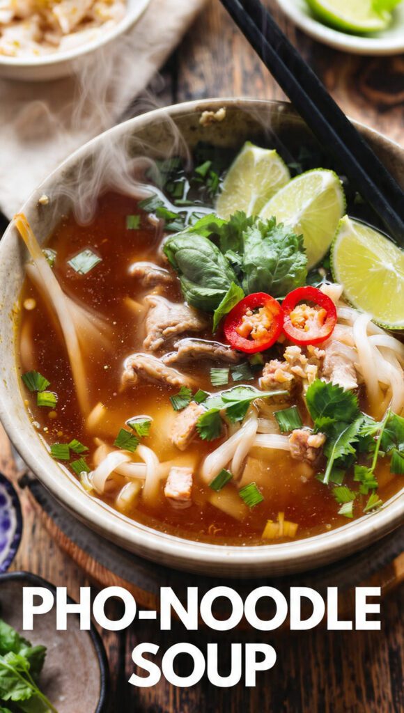 Overhead shot of a bowl of steaming Pho-Noodle Soup with thin rare beef, noodles, and fresh toppings. Text overlay reads "PHO-NOODLE SOUP".