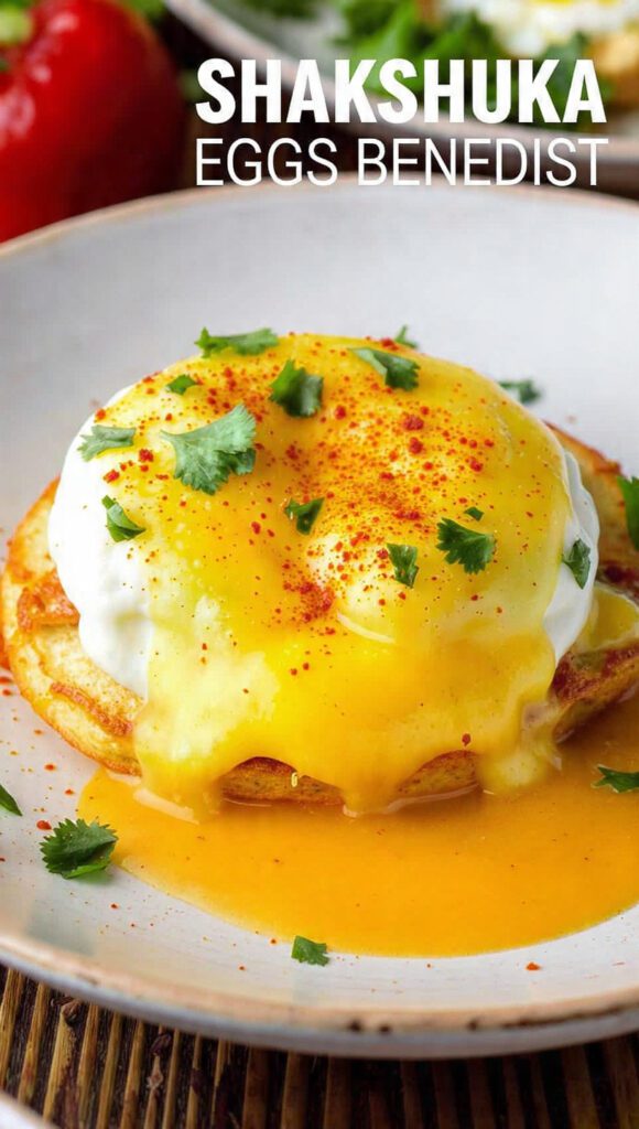 Extreme close-up of Shakshuka Eggs Benedict with running yolk and a tomato-infused hollandaise. Text overlay reads "SHAKSHUKA EGGS BENEDICT".