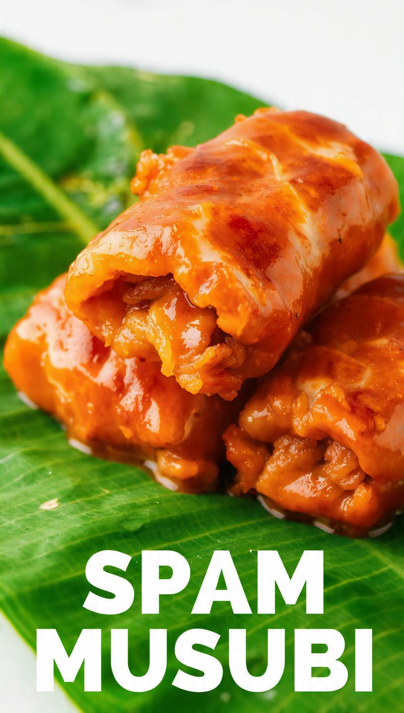 Close-up of glossy, stacked Spam Musubi on a leaf with the text overlay "SPAM MUSUBI" in a tropical font.