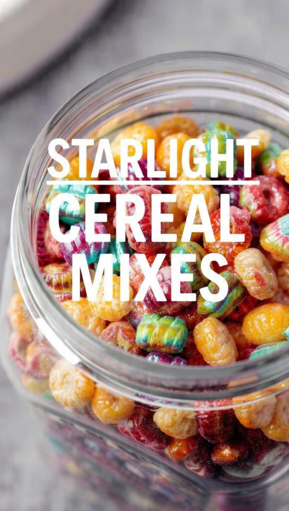 Close-up of Starlight Cereal Mixes in a glass jar showing the glazed crunch. Text overlay reads "STARLIGHT CEREAL MIXES" in a fun, cosmic font.