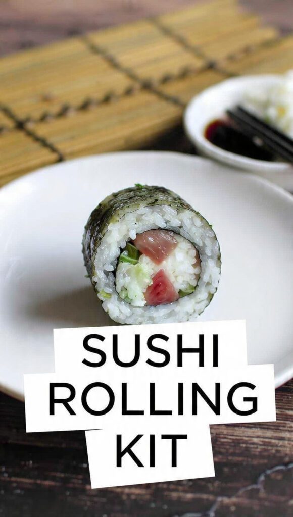 Close-up of a perfectly sliced sushi roll and a bamboo rolling mat. Text overlay reads "SUSHI ROLLING KIT".