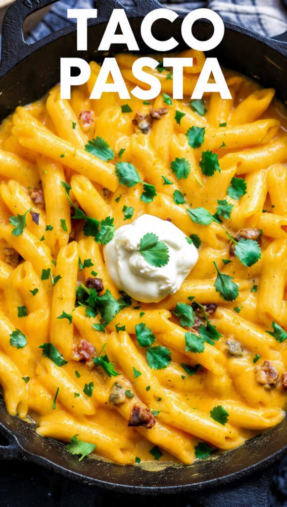Overhead shot of Taco Pasta in a skillet with the text overlay "TACO PASTA" in a bold font.