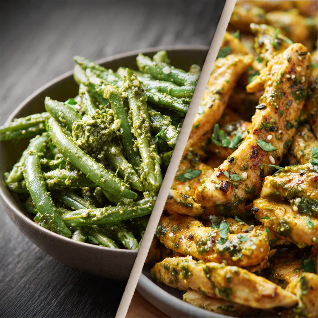 Two variations of quick meals. One is a wide shot of the assembled Pesto Chicken Bowl and a side of quick-seared green beans. The other is an extreme close-up of the chicken strips coated in the bright green pesto sauce.