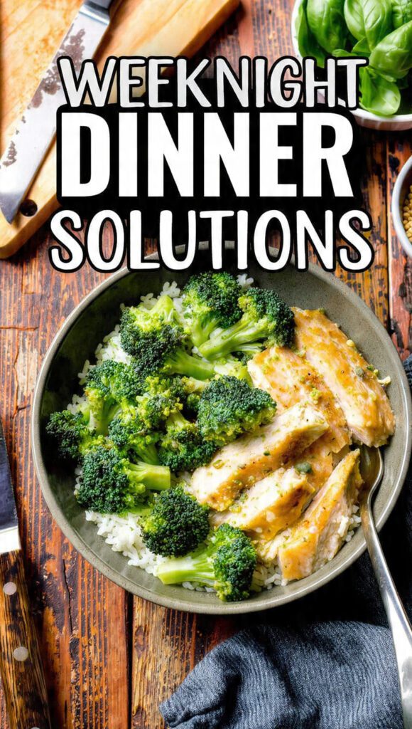 Overhead shot of a healthy Pesto Chicken and Broccoli Rice Bowl, bright green and vibrant, with a time clock showing 20 minutes on the counter. The text overlay reads: "WEEKNIGHT DINNER SOLUTIONS"