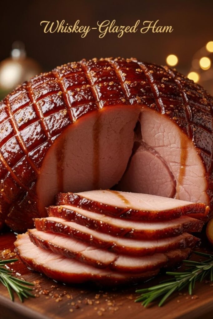 A stunning, close-up, high-angle, professional food photography shot of a perfectly cooked, sliced ham with a dark, glossy, bourbon glaze and a text overlay reading "Whiskey-Glazed Ham" in elegant holiday script. The ham is on a rustic wooden board surrounded by soft focus holiday decor