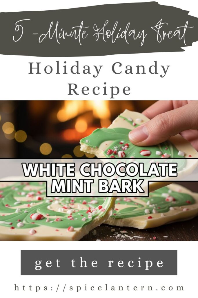 A close-up shot of glossy, green and white white chocolate mint bark broken into irregular pieces, sprinkled with red crushed peppermint candy, emphasizing the sharp snap and festive colors