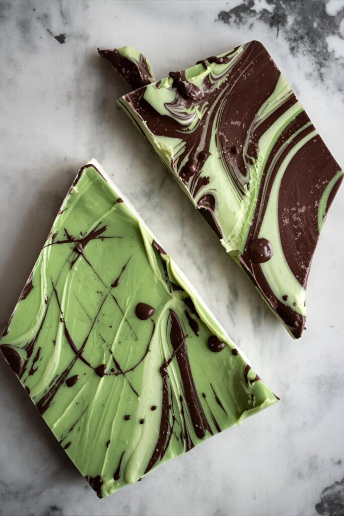 A photo of two separate variant chocolate mint barks: one is a close-up of the classic white chocolate mint bark, and the other is a stunning dark chocolate swirl bark with the mint color marbled through it.