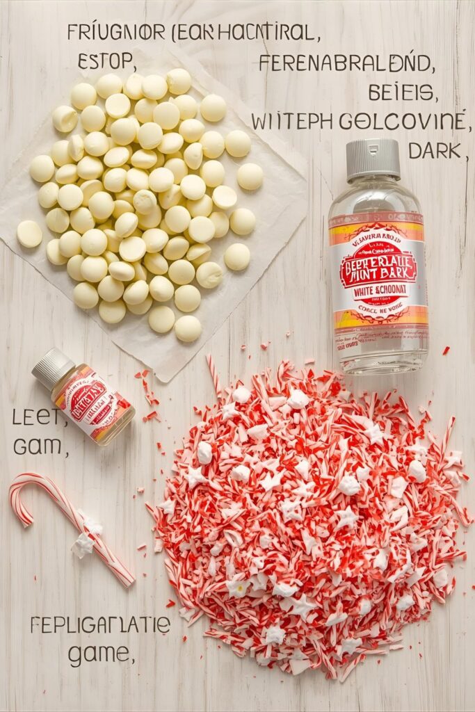 A flat lay collage showing all the key ingredients for the white chocolate mint recipe: white chocolate chips, peppermint extract, and crushed candy canes, neatly arranged on a festive green and white background.
