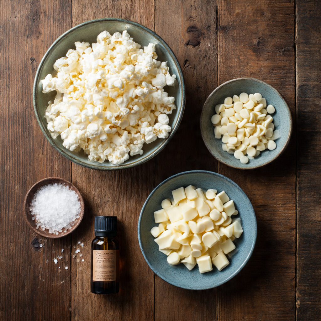 A high-quality collage image showing all the simple ingredients: popped popcorn, white chocolate chips, sea salt, and a small bottle of vanilla extract, artistically arranged on a wooden counter.