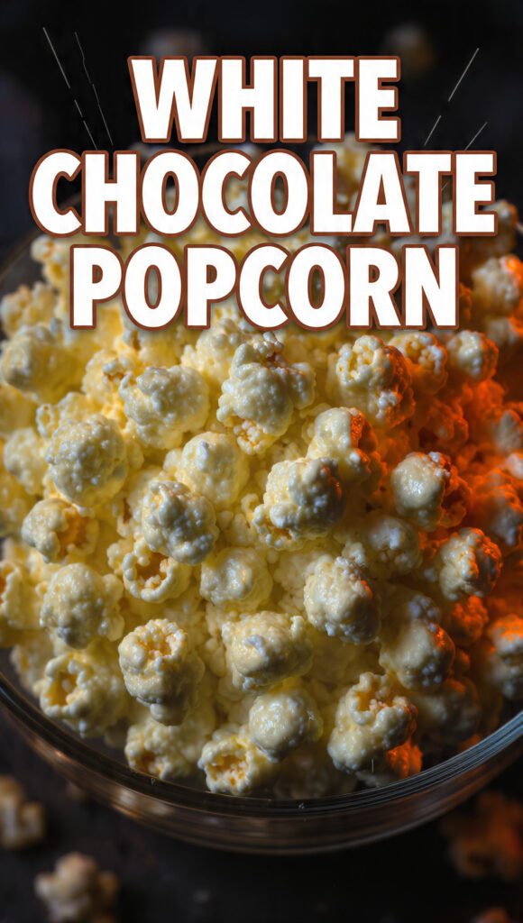 A close-up, vibrant overhead photo of glossy white chocolate popcorn piled high in a large bowl, showing the thick coating and visible crunch, featuring the bold text overlay: WHITE CHOCOLATE POPCORN.