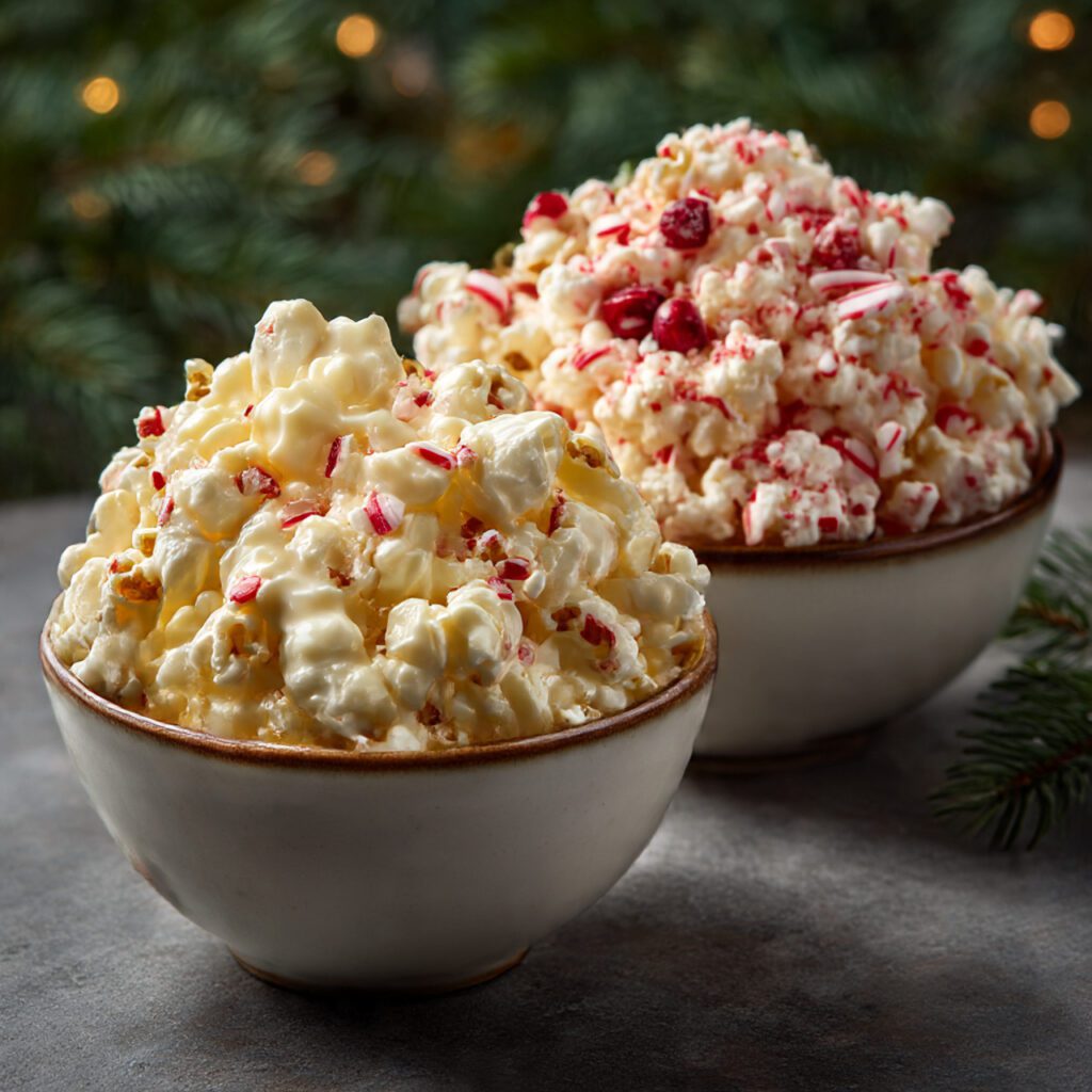 A side-by-side photograph showing two different popcorn preparations: one classic white chocolate popcorn and one festive peppermint crunch popcorn, highlighting the holiday customization.