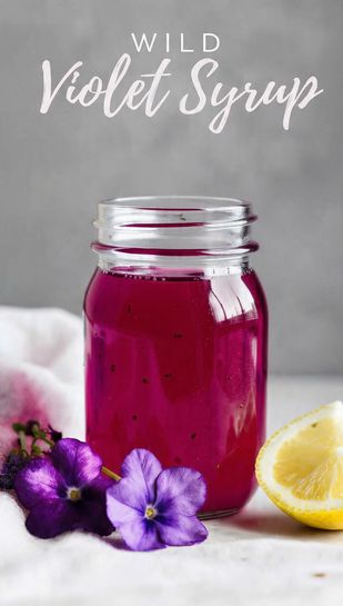 A clear glass jar of bright magenta wild violet syrup next to a small bowl of fresh purple violet flowers, highlighting the vibrant color. Text overlay reads: WILD VIOLET SYRUP