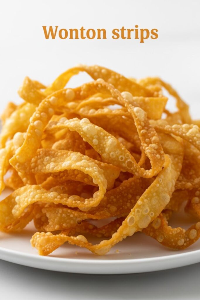 Pile of golden-brown, airy, crispy Wonton strips on a white plate. Text overlay reads: Wonton strips