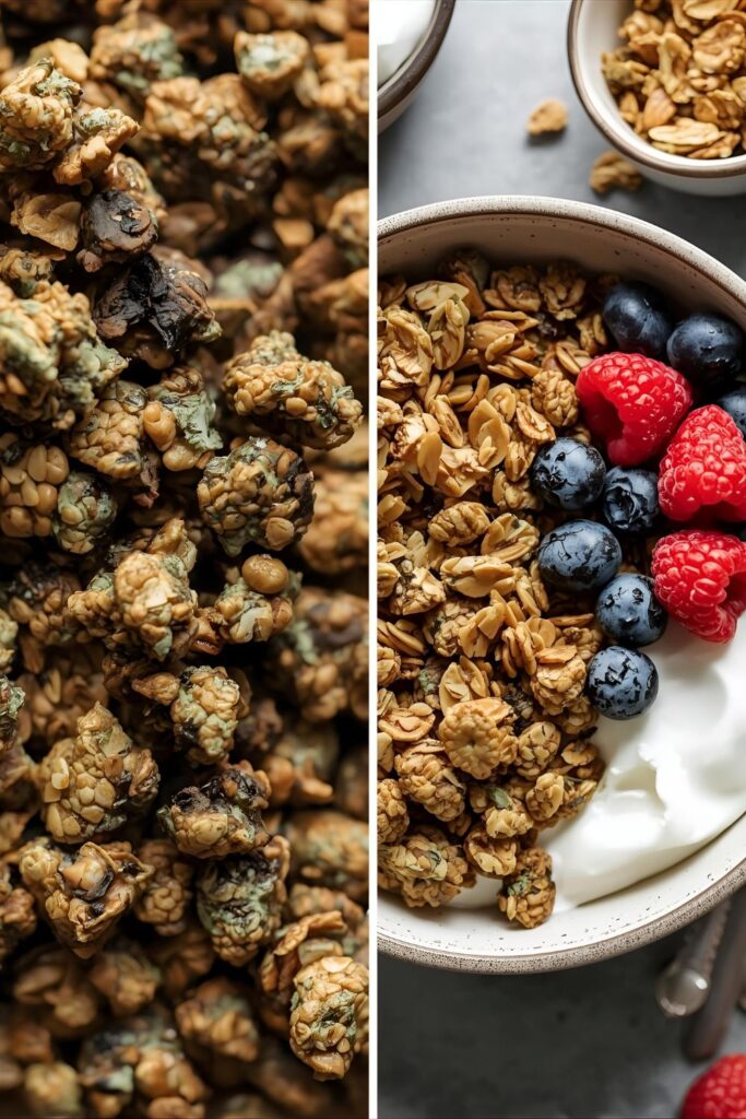 Two separate, styled images: one close-up of the clusters in a bowl, and one shot of the finished product being used with yogurt.