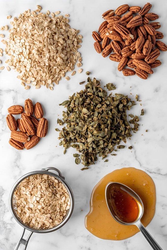 Flat lay collage of granola components: oats, mate leaves, nuts, and honey/syrup.