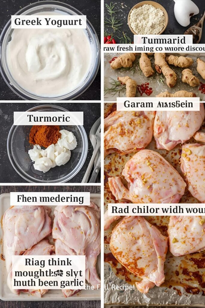 Flat lay collage of the raw Tandoori marinade ingredients: Greek yogurt in a bowl, fresh ginger, garlic, garam masala spice blend, red chili powder, and chicken pieces, arranged on a dark wood surface)