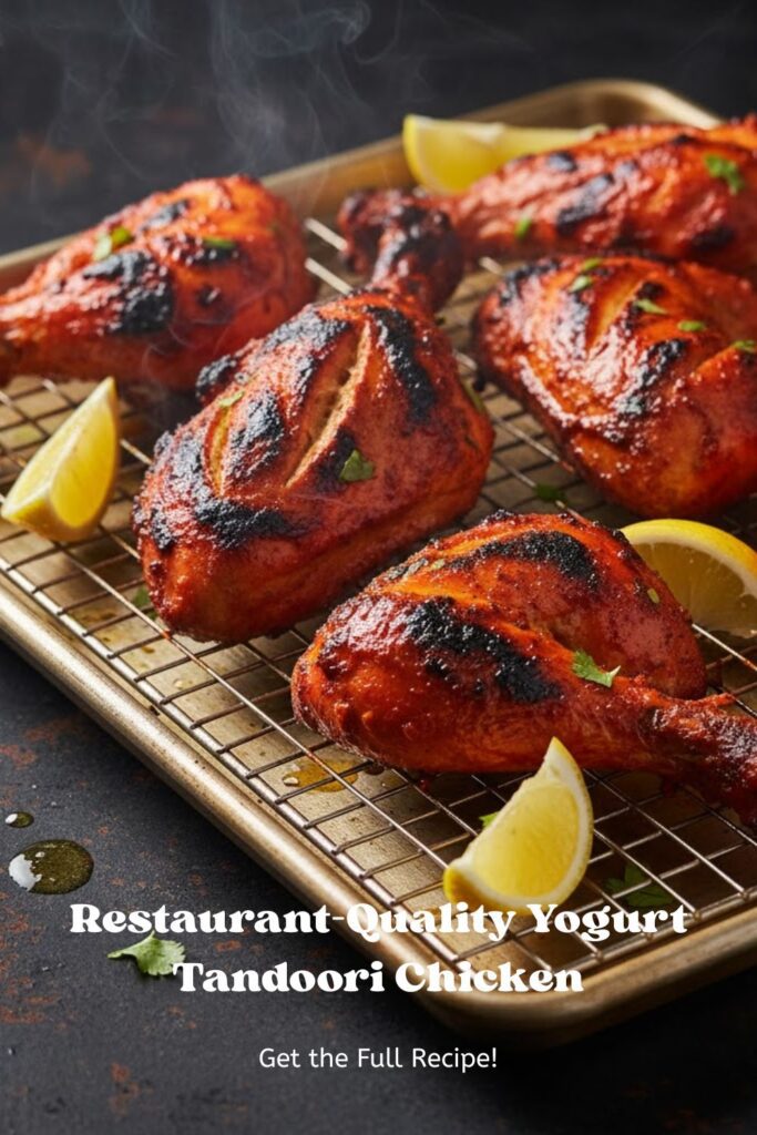 Close-up, vibrant photo of charred Tandoori Chicken pieces served on a wire rack with lemon wedges, featuring a bold text overlay that says "YOGURT TANDOORI")