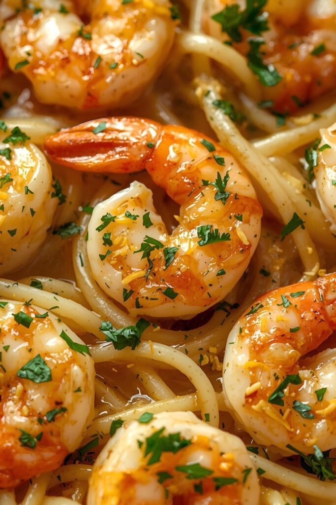 Extreme close-up of buttery Lemon Garlic Shrimp served with linguine pasta, heavily garnished with fresh parsley and lemon zest)