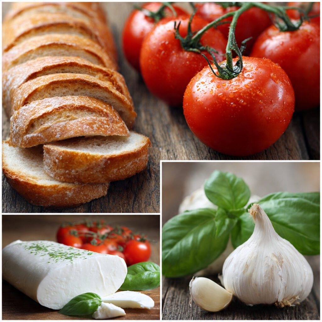A collage showing the essential ingredients: sliced baguette, ripe Roma tomatoes, a block of fresh mozzarella, fresh basil leaves, and a whole peeled garlic clove.