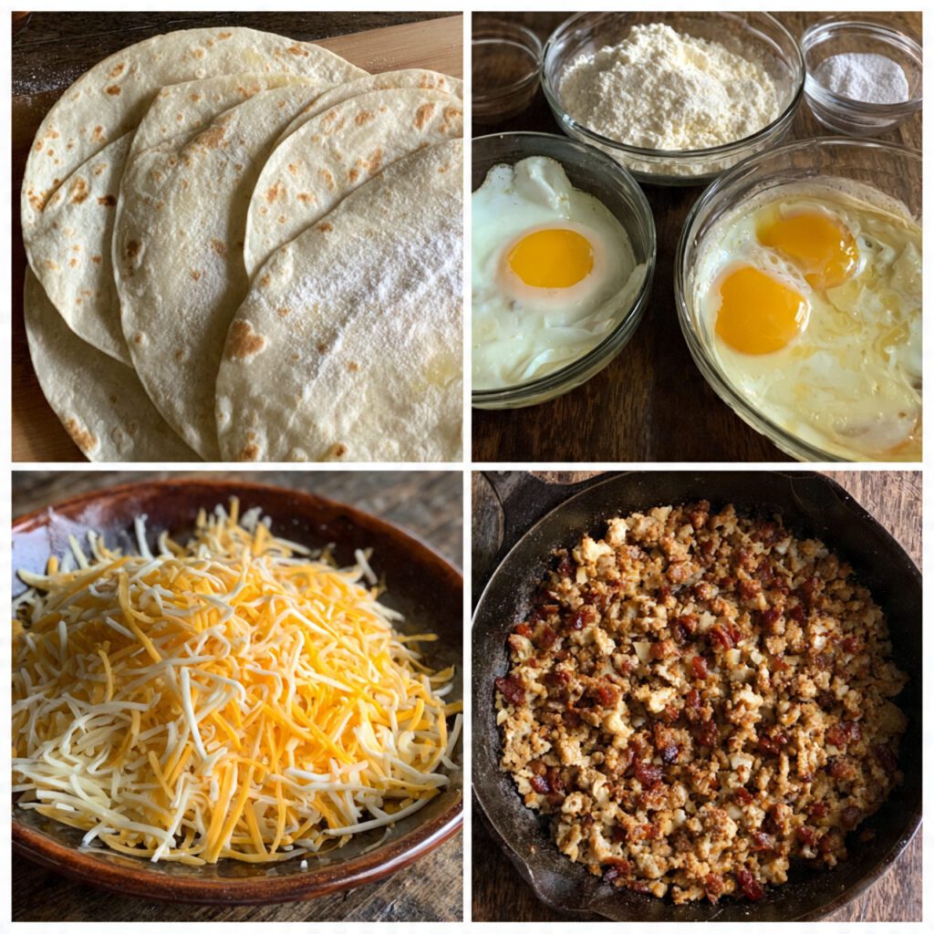 A collage showing the raw ingredients: flour tortillas, whisked eggs, shredded cheese, and cooked crumbled sausage/bacon, ready for the skillet.