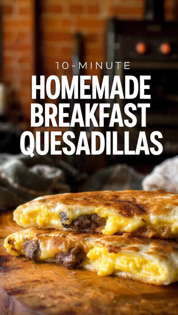 Close-up shot of a golden-brown Breakfast Quesadilla, sliced in half, showing the melted cheese, folded egg, and savory meat filling spilling out slightly, garnished with a side of salsa. The text overlay reads: "10-MINUTE HOMEMADE BREAKFAST QUESADILLAS".