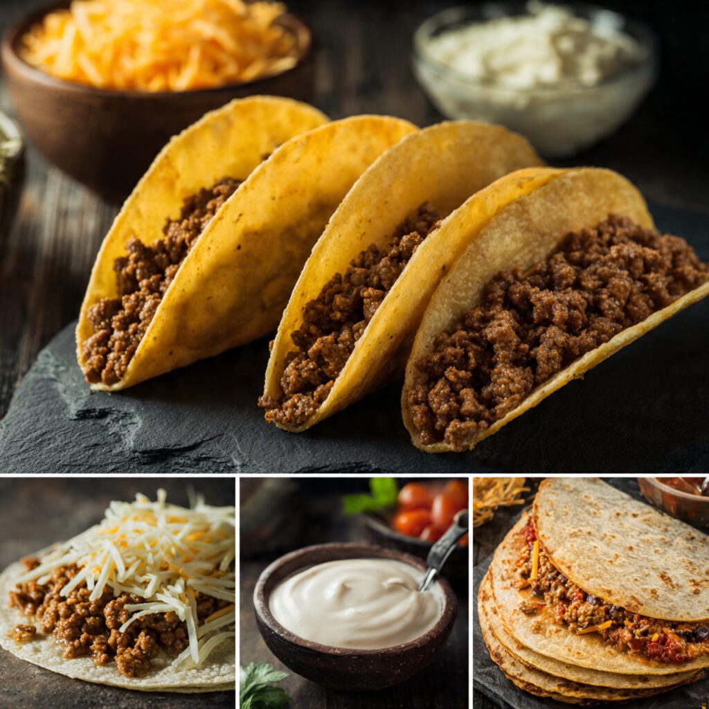 A collage showing the speed-focused ingredients: hard taco shells, soft flour tortillas, shredded cheese, seasoned ground beef, and a small bowl of the prepared spicy ranch sauce