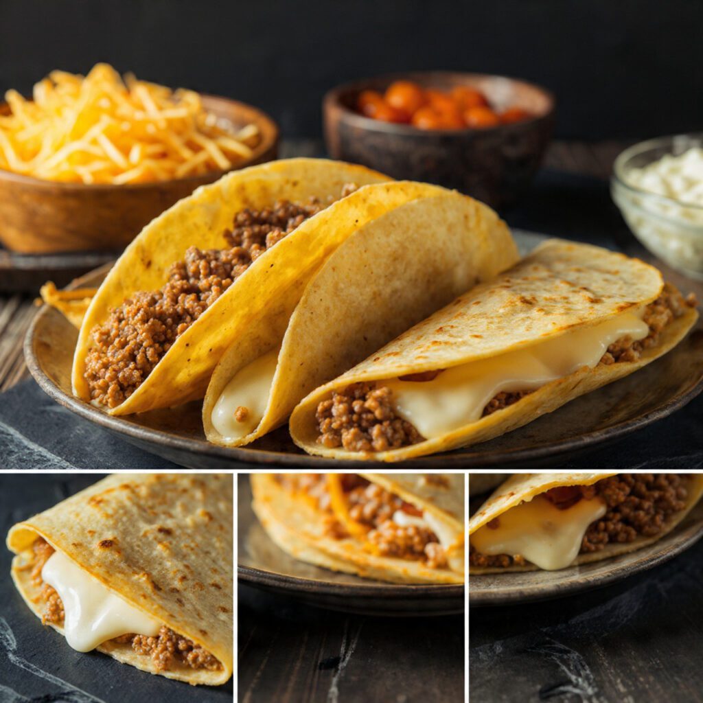 Two servings of the taco. One is a wide shot of two fully loaded, folded Cheesy Gordita Crunches on a platter with a side of chips. The other is an extreme close-up of a taco cut in half, showing the crisp interior shell and the gooey, melted cheese layer binding the two