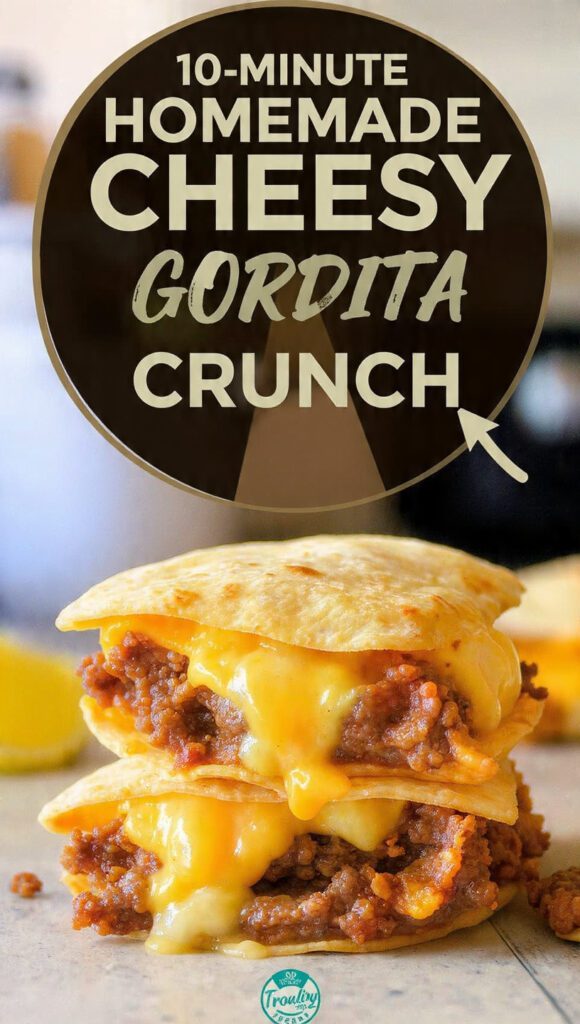 A close-up shot of a finished Homemade Cheesy Gordita Crunch, showing the layers of the soft flour tortilla, melted cheese, and crunchy hard taco shell, loaded with seasoned ground beef and spicy sauce. The text overlay reads: "10-MINUTE HOMEMADE CHEESY GORDITA CRUNCH"