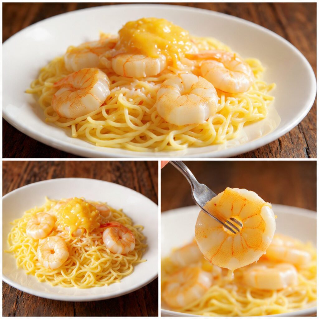 Two servings of the meal. One is a wide shot of the shrimp served over a bed of pasta/rice, with the sauce spooned over top. The other is an extreme close-up of a fork lifting a large, plump piece of shrimp, glistening with the buttery, garlicky sauce.